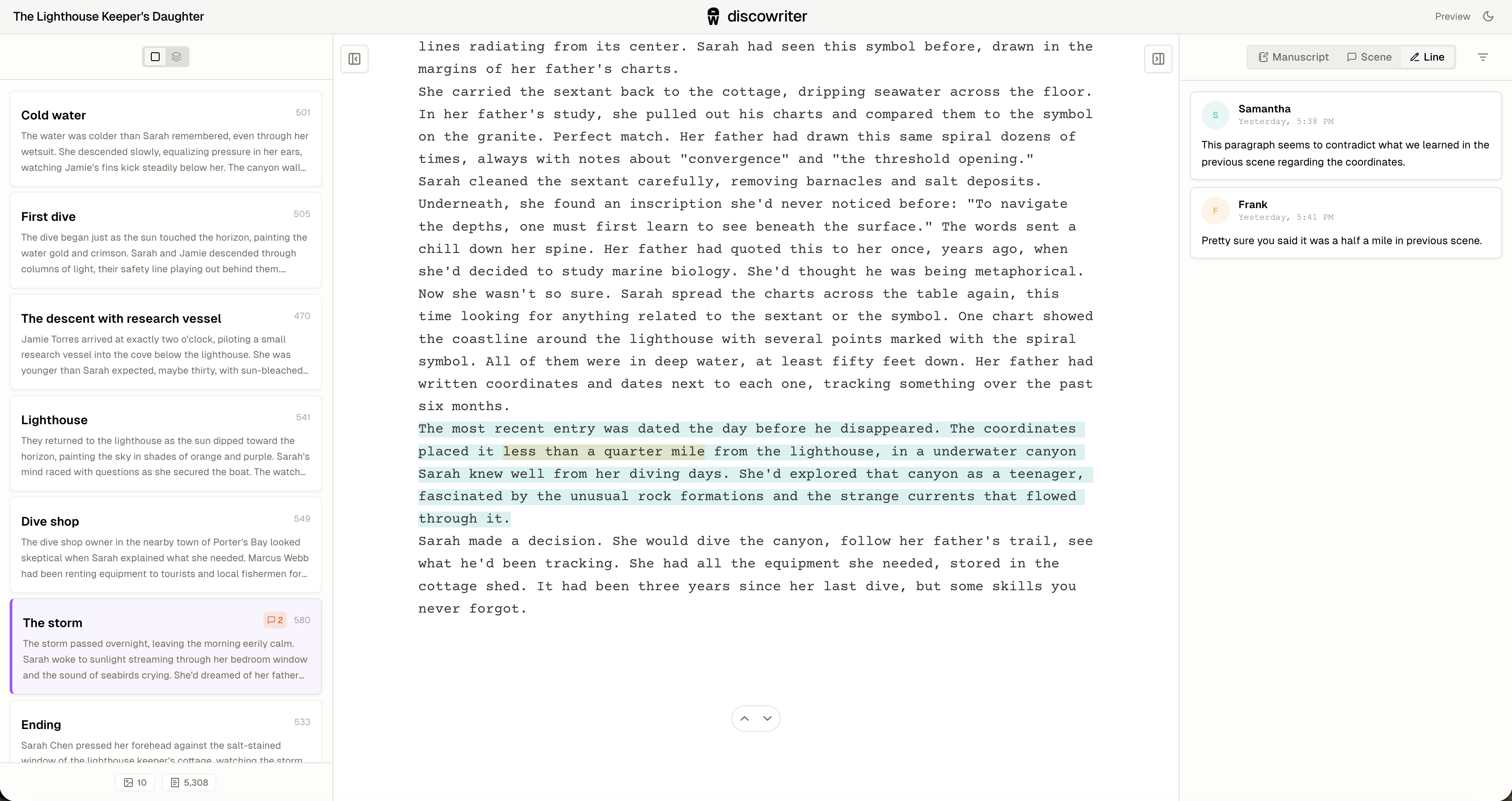Beta reader view with manuscript, scene, and line-level comments