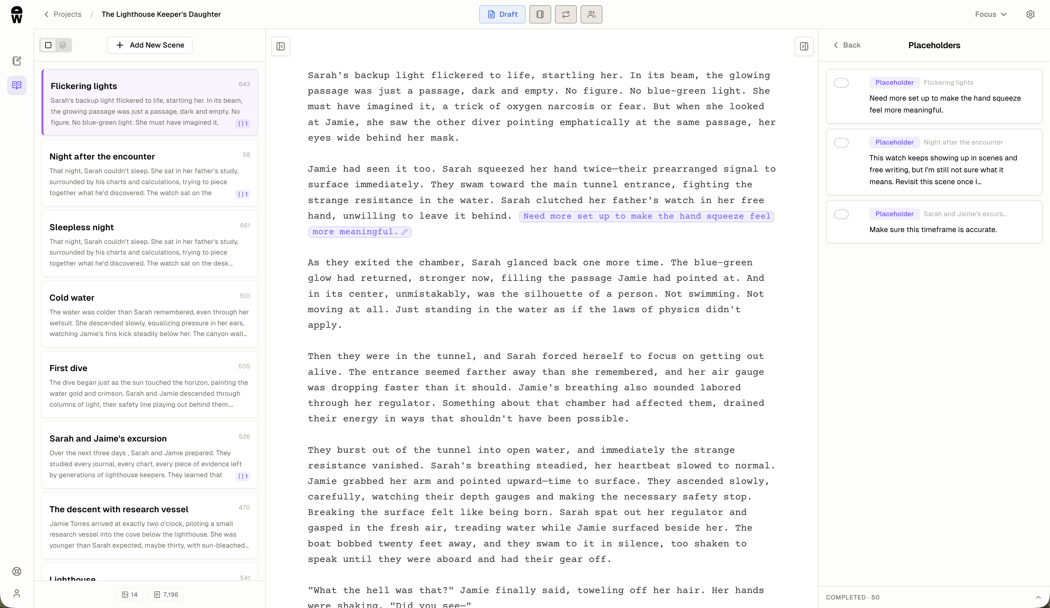 discowriter draft editor with the placeholders panel open