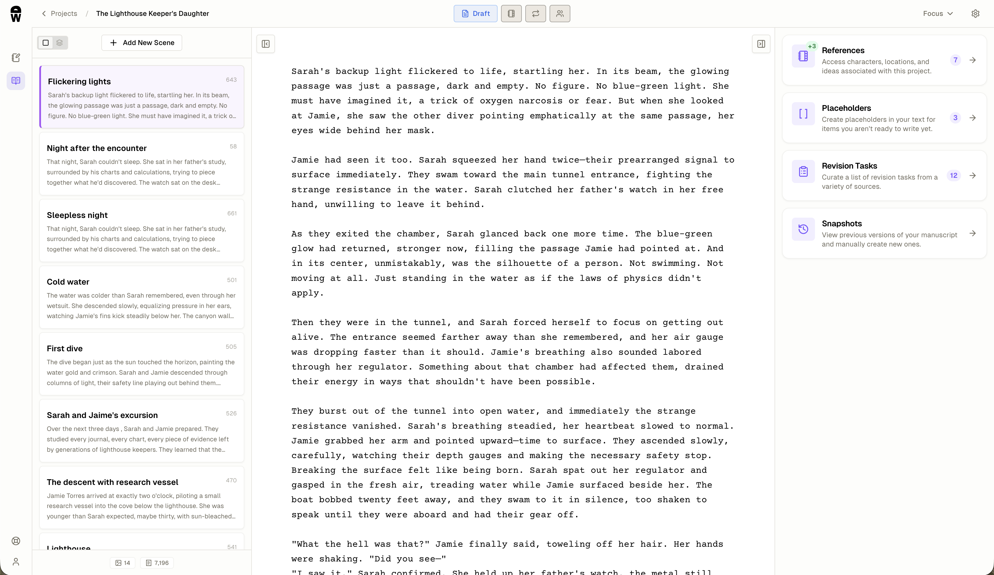 discowriter app showing draft editor with scene list