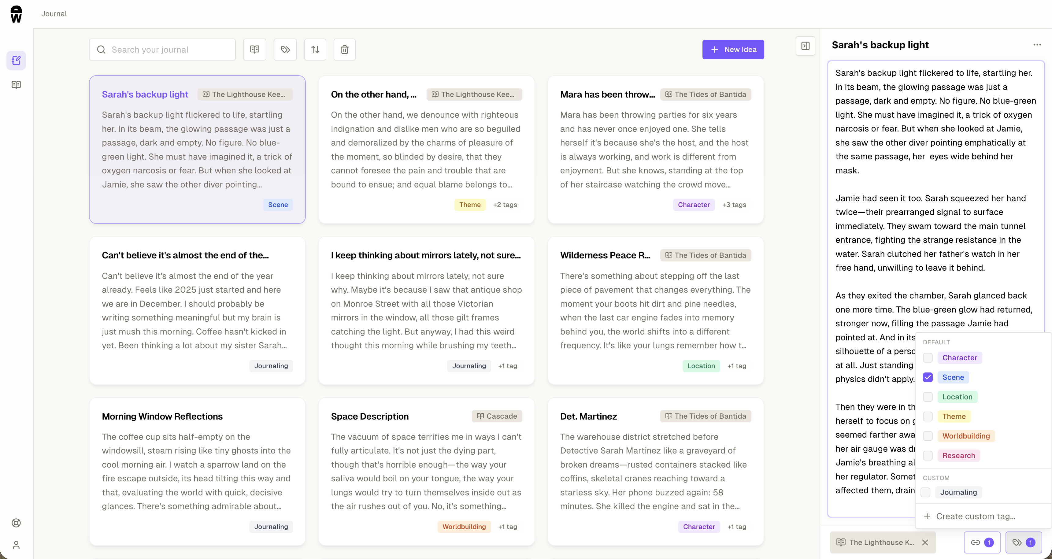 discowriter journal showing tagged, linked entries with the tag picker open