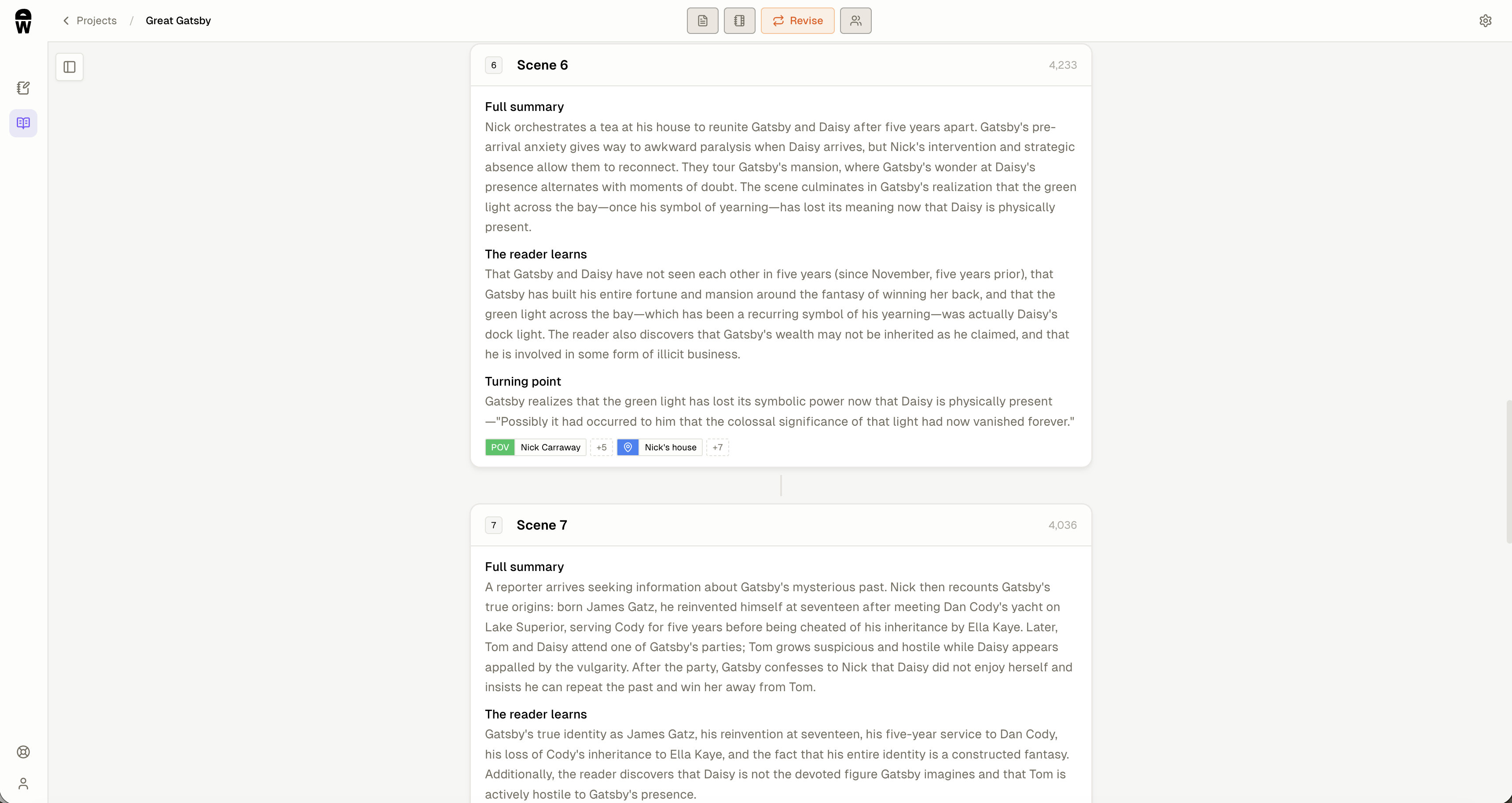 Reverse outline with scene-by-scene summaries, turning points, and POV
